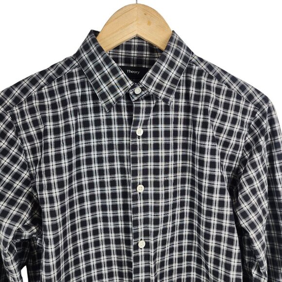Theory Plaid Button Front Dress Shirt Men's Size S Black and White - Picture 3 of 8